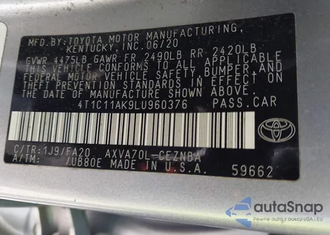 2020 Toyota Camry Le z USA, uszkodzony, nr VIN 4T1C11AK9LU960376